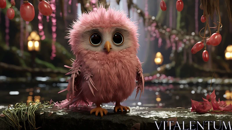 AI ART Pink Owl in Forest - Whimsical 3D Rendering