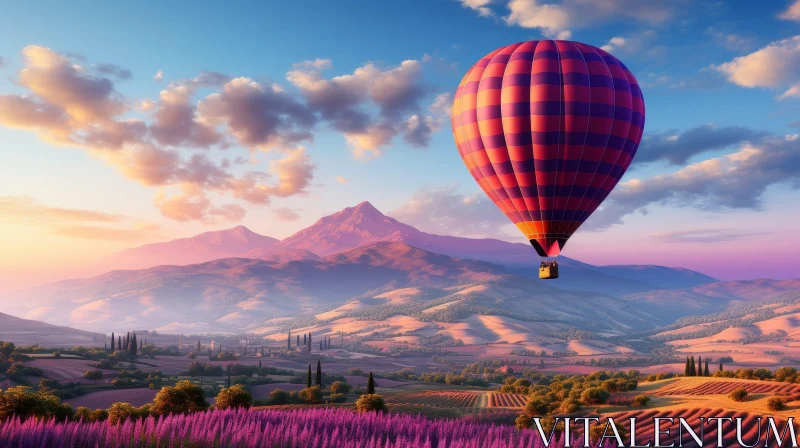 Tranquil Nature Scene with Hot Air Balloon and Lavender Field AI Image