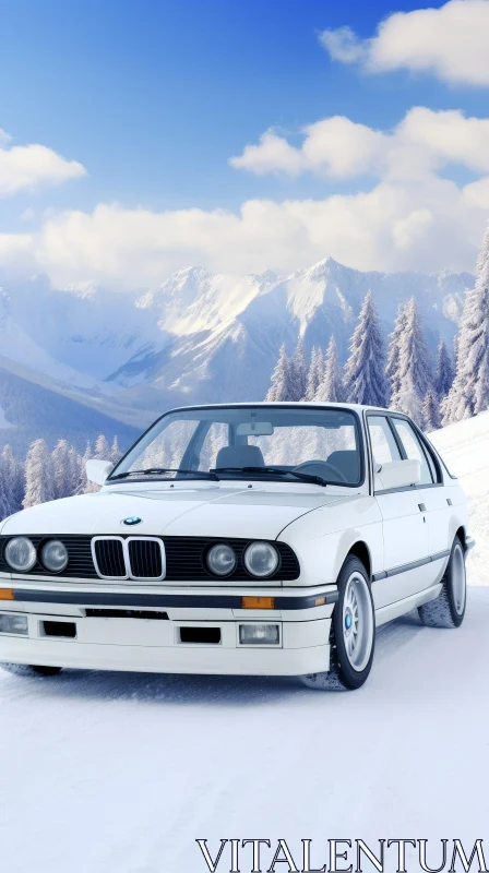 White BMW Car on Snowy Mountain Road AI Image