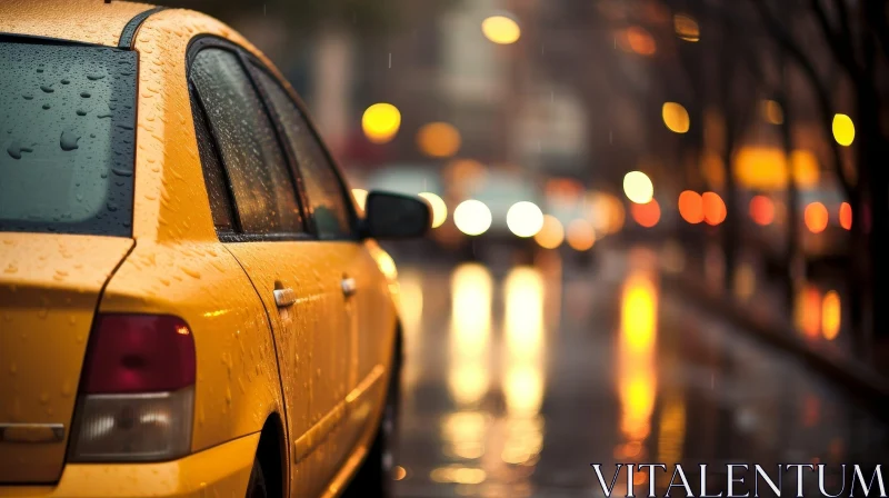 AI ART Yellow Taxi on City Street: Rainy Day Scene