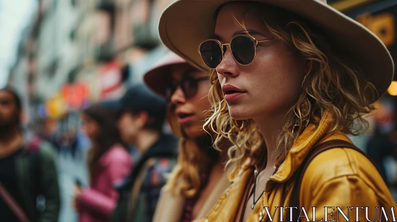 Young Woman in a Crowd with Brown Hat and Sunglasses AI Image