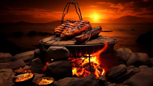 Barbecue Grill on Seashore with Sausages
