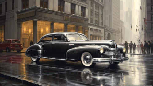 Black 1940s Packard Car on Rainy Urban Street Painting