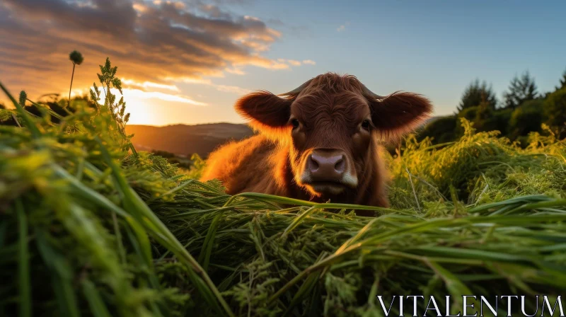 AI ART Brown and White Cow in Green Field at Sunset