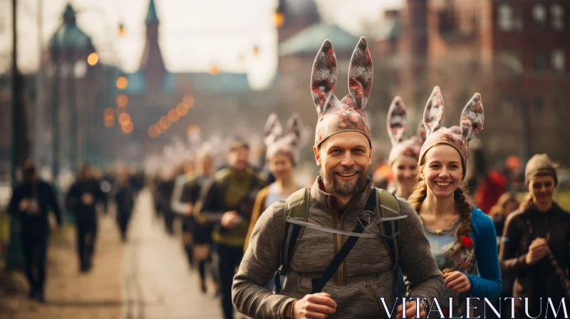 Bunny Eared Runners in a City - A Display of Joyful Activism AI Image