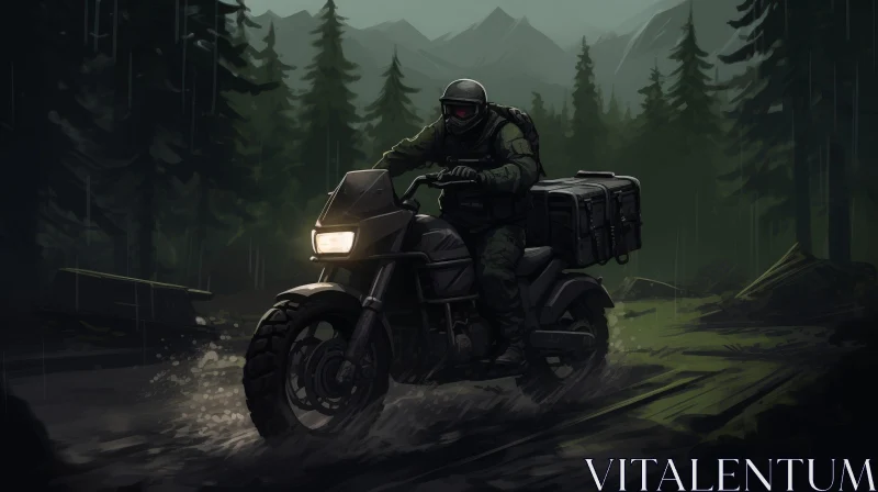 Dark and Misty Forest Motorcycle Journey AI Image