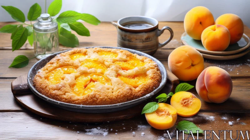 AI ART Delicious Peach Pie on Wooden Table