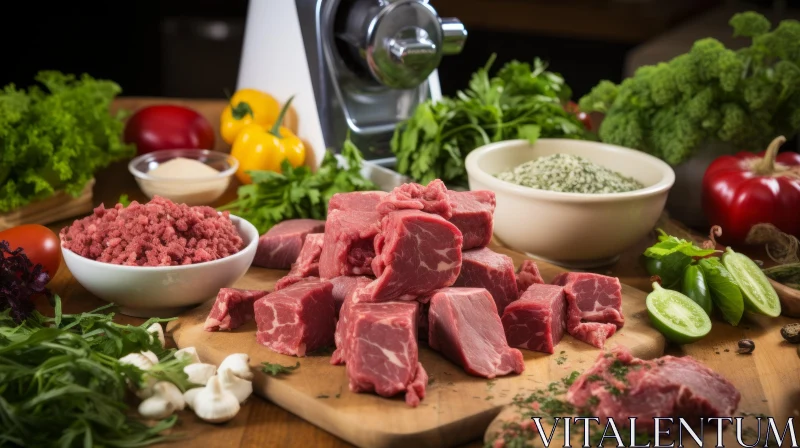 Delicious Raw Meat and Ingredients on Wooden Cutting Board AI Image
