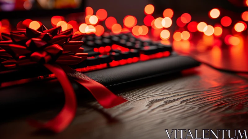 Enchanting Backlit Gaming Keyboard with Red Ribbon Bow on Wooden Table AI Image