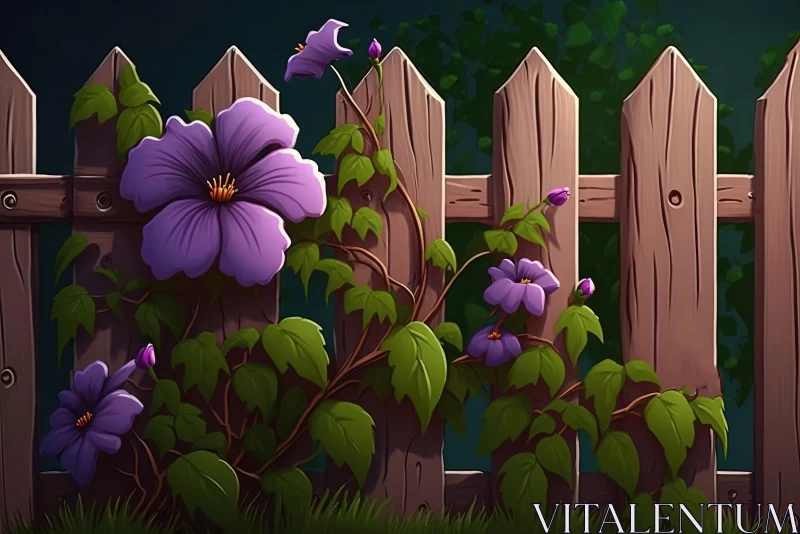 Enchanting Purple Flowers Near Wooden Fence | 2D Game Art AI Image