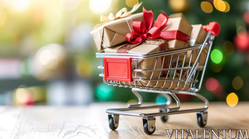 Festive Christmas Shopping Cart with Gifts on Wooden Table AI Image