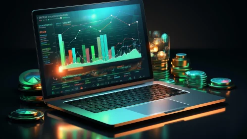 Glowing Green Circuit Board Laptop with Financial Graph