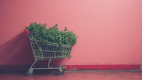 Lush Green Plants Overflowing in a Shopping Cart Against a Pink Wall