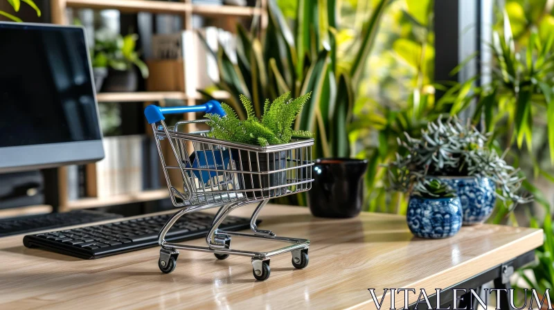 Metal Shopping Cart with Green Fern on Wooden Table AI Image