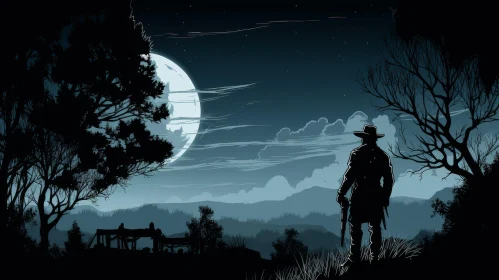Moonlit Cowboy: Digital Painting of a Lone Figure in the Night