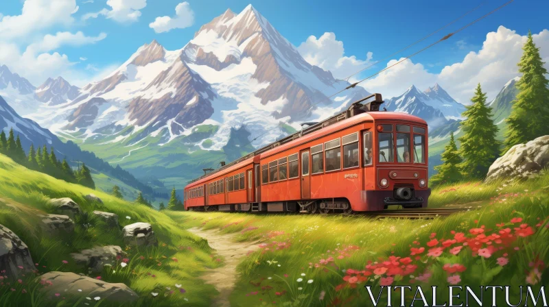 Mountain Valley Landscape with Red Train - Serene Nature View AI Image