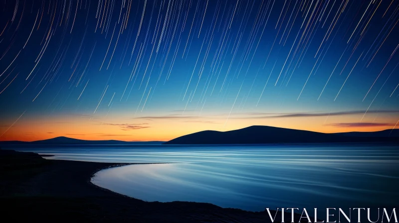 Night Sky Photography: Serene Long Exposure of Streaking Stars AI Image