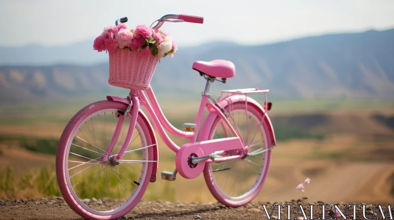 Pink Bicycle with Flowers in Rural Setting AI Image