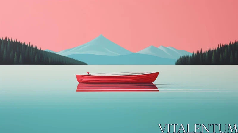 Red Boat on Lake with Mountains - Minimalist Painting AI Image