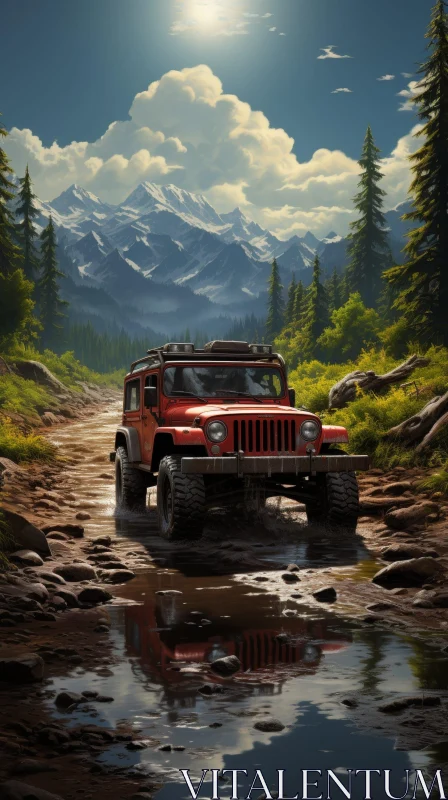 Red Jeep Wrangler Rubicon Crossing River in Mountain Landscape AI Image