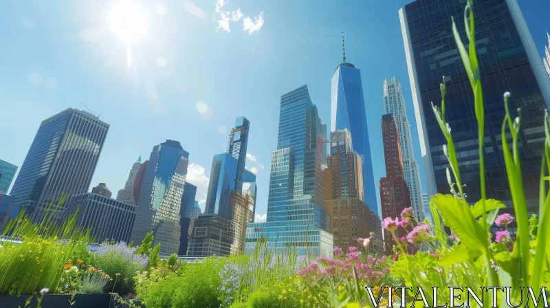 Rooftop Garden Cityscape: Lower Manhattan Skyscrapers View AI Image