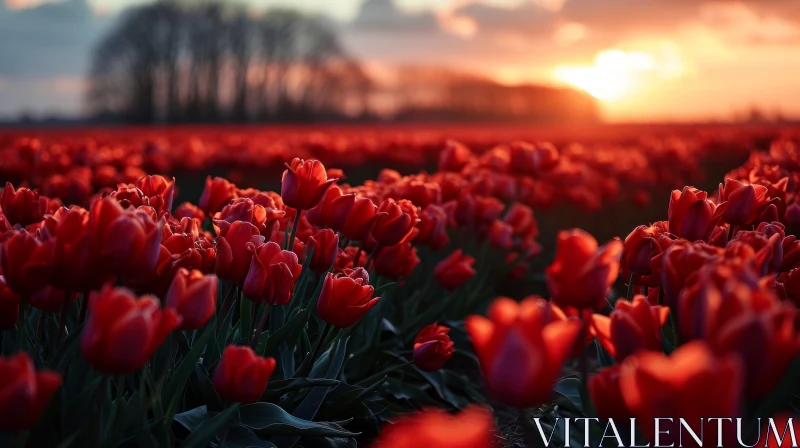 Serene Sunset Landscape with Red Tulips in a Field AI Image