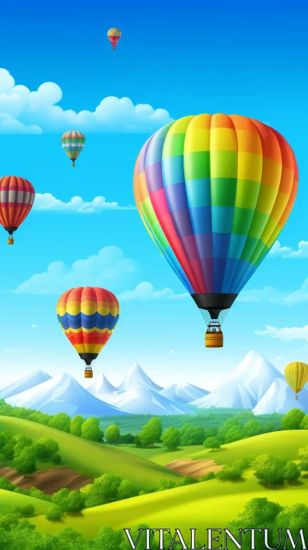 Tranquil Landscape with Colorful Hot Air Balloons and Snow-Capped Mountains AI Image