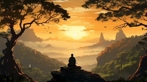 Tranquil Mountain Sunset Landscape with Meditating Person