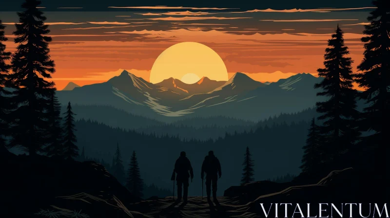 AI ART Tranquil Sunset Mountain Range with Hikers
