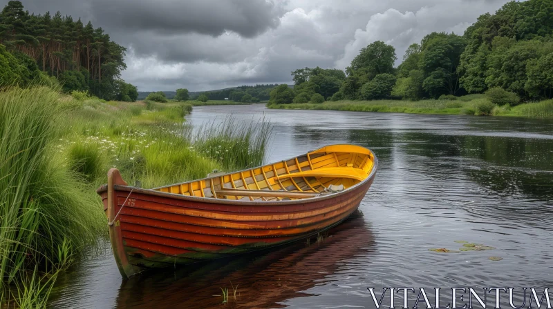 Tranquil Wooden Boat on River AI Image