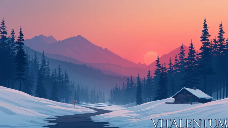 Winter Landscape with Cabin and Snow-Covered Mountains AI Image