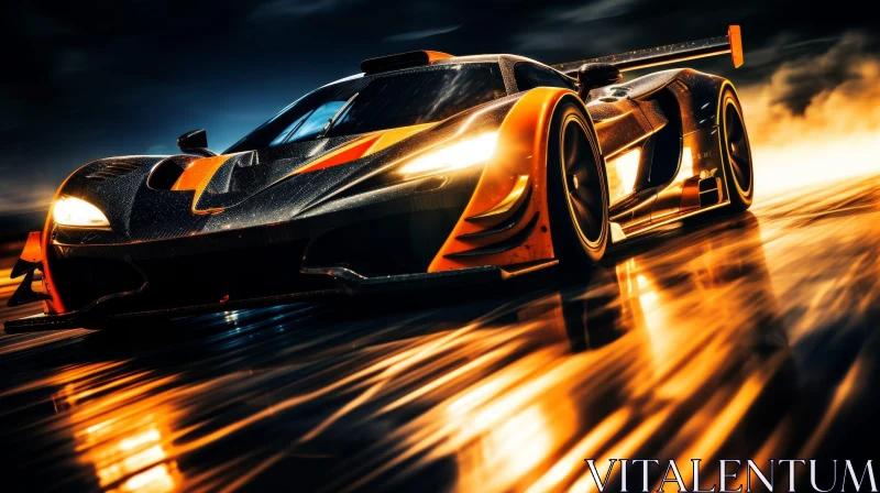 Black and Orange Sports Car Speeding Through Wet Track AI Image