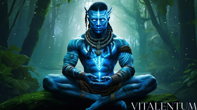 Blue-Skinned Humanoid Meditating in Lush Forest - Digital Painting AI Image