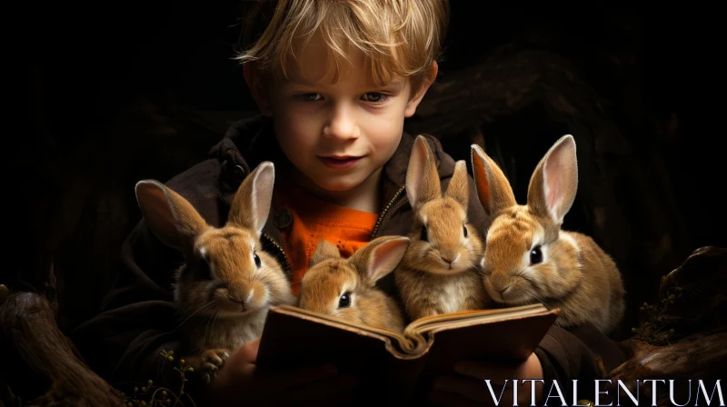 Boy Reading Book with Rabbits: A Fairy Tale Portrait AI Image
