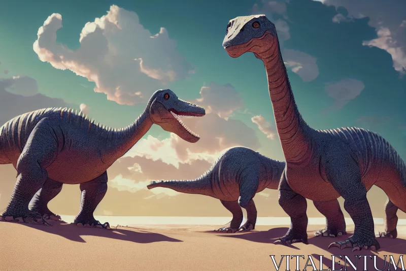 Captivating Illustrations of Playful Dinosaurs in a Sandy Field AI Image