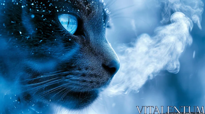 Close-up of a Black Cat's Face with Blue Eyes AI Image