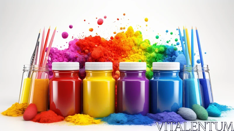 Colorful Paint Jars and Rainbow Powder Explosion AI Image