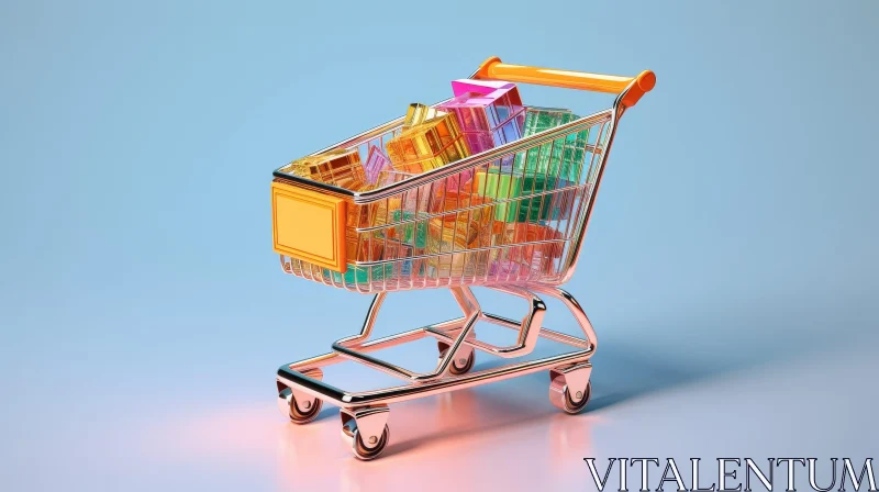 AI ART Colorful Presents in 3D Shopping Cart on Blue Background