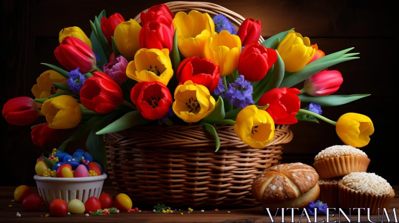 Colorful Tulip Basket and Pastries Illustration AI Image