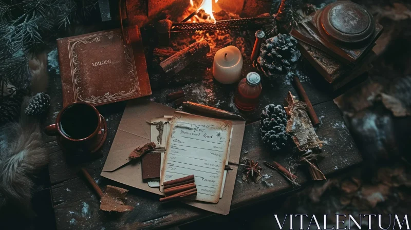 Cozy Still Life with Fireplace: Book, Candle, Tea, Wine, and More AI Image