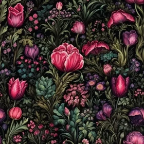 Dark Floral Seamless Pattern with Tulips, Roses, and Lilies