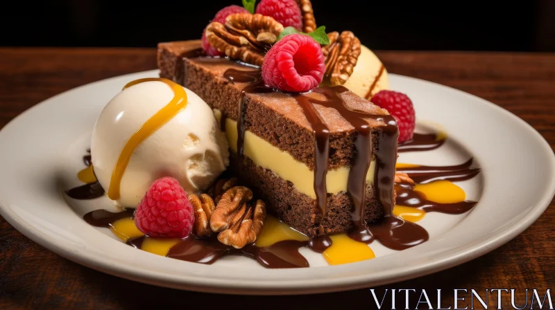 Decadent Chocolate Cake Dessert with Raspberries and Vanilla Ice Cream AI Image