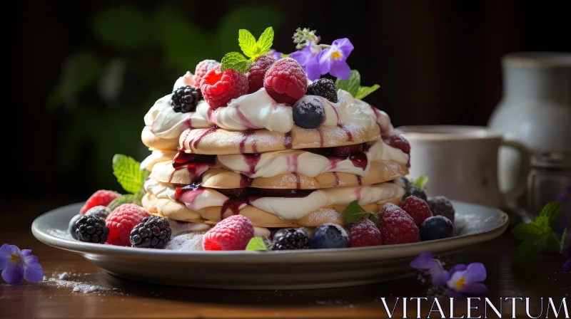 Delicious Berry Cream Dessert on White Plate AI Image