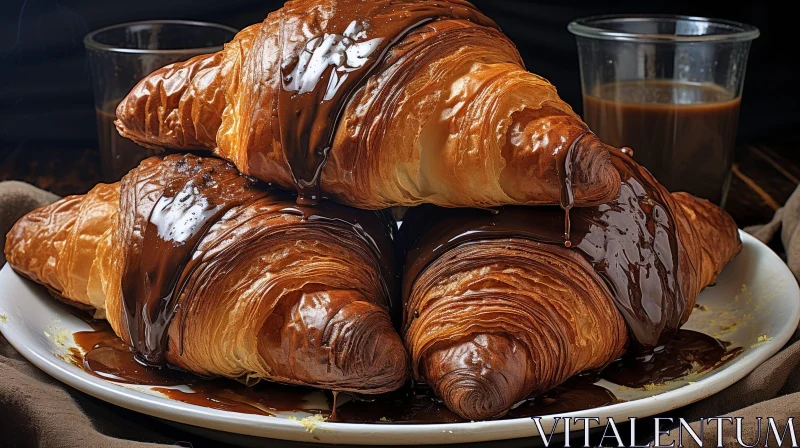 Delicious Croissants with Chocolate Sauce - Close-up Image AI Image
