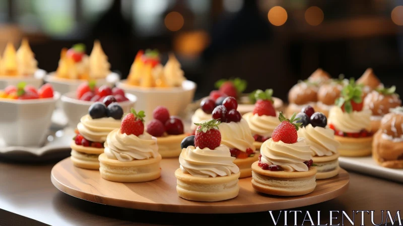 Delicious Pastries with Fresh Berries on Wooden Plate AI Image