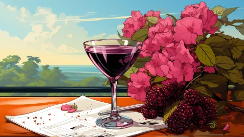Elegant Still Life with Wine, Flowers, and Blackberries