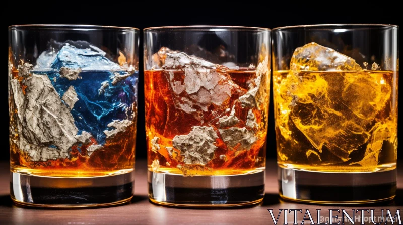 Elegant Whiskey Glasses Arrangement on Wooden Table AI Image