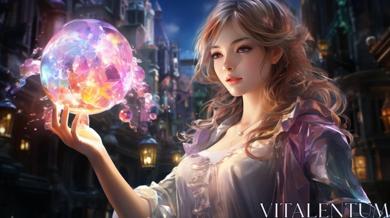Enchanting Night: Young Woman with Glowing Orb AI Image