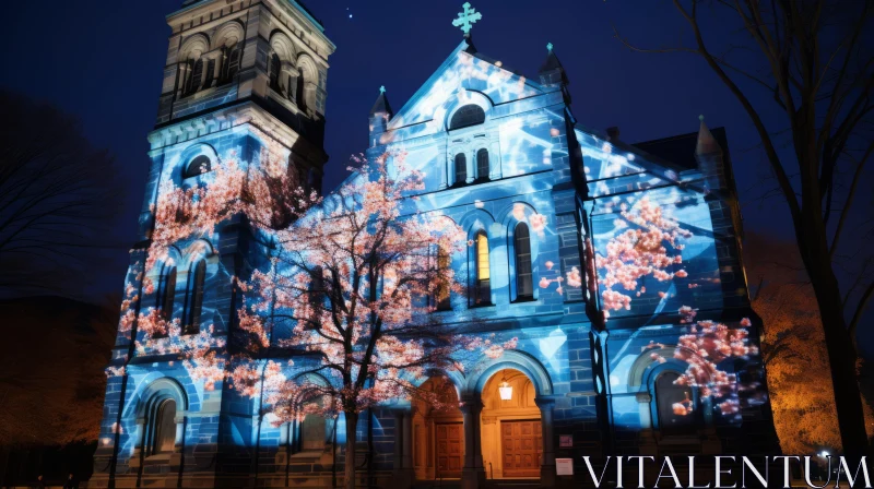 Illuminated Church with Cherry Blossom Light Projections AI Image