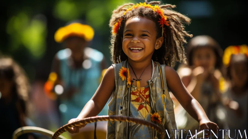 Joyful African-American Girl in Colorful Attire Standing in Flower Field AI Image